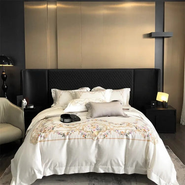 Luxury White Floral European Palace Princess Embroidered Duvet Cover, 1000TC Egyptian Cotton Bedding Set